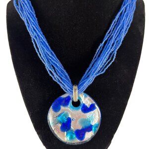 Vintage Artisan Glass Blue Pendant Multi-Strand Seed Bead Necklace